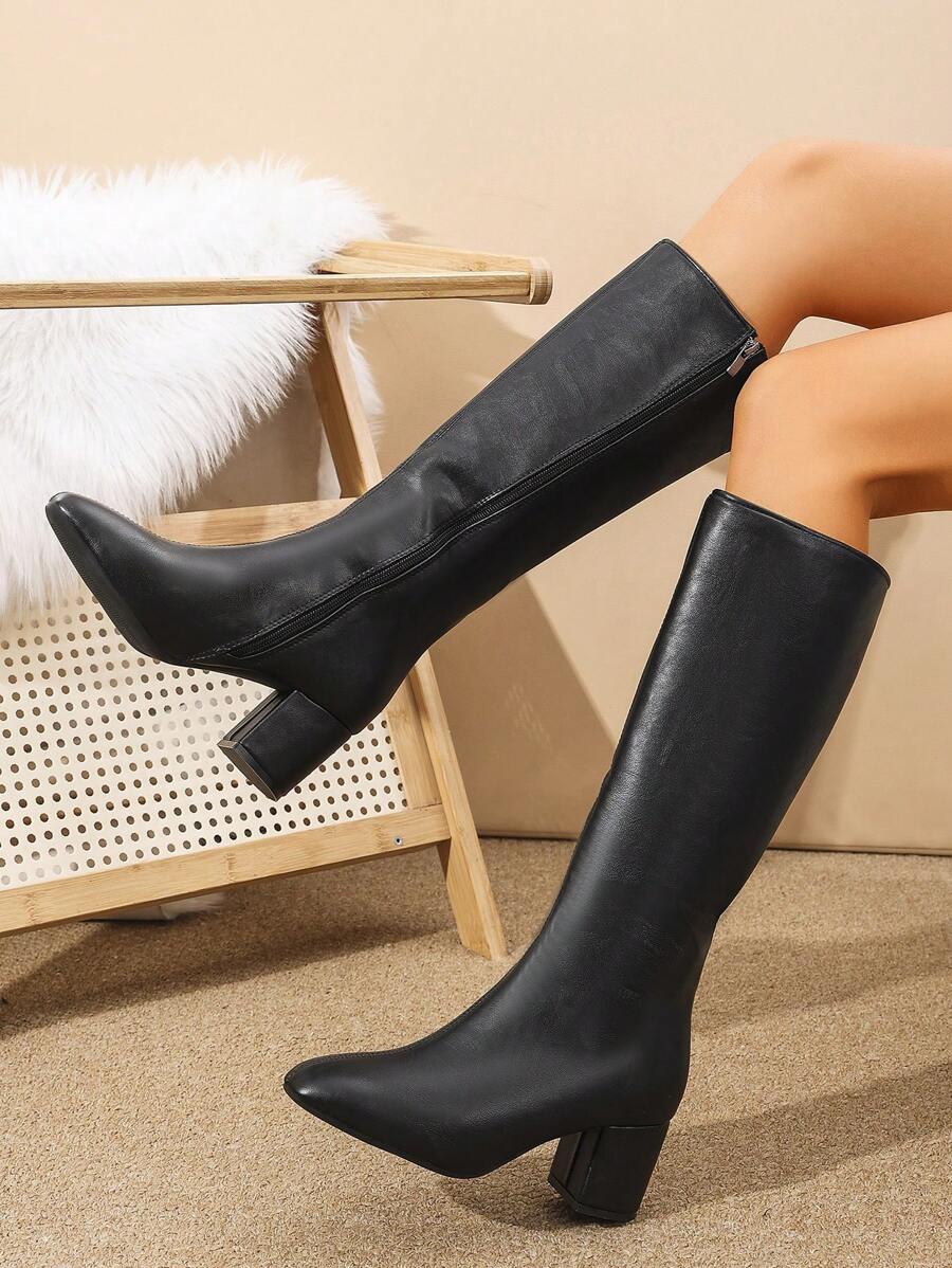 2025 秋冬女士优雅正式直筒拉链侧边粗跟及膝靴 - 黑色 - 查看 1