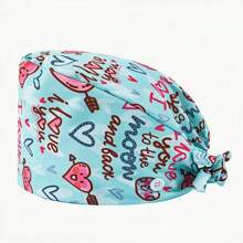 1 pieza Gorro de enfermera con estampado de carta de amor de poliéster para mujeres, antibacteriano y antipolvo, diseño de correa elástica ajustable, banda transpirable interior, gancho para la mascarilla, adecuado para médicos, enfermeras, salón de belleza, veterinaria y trabajadores de limpieza