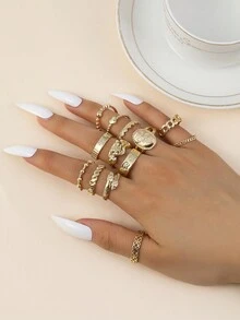 Juego de 13 anillos de diseños surtidos que incluyen hongos, gatitos, serpientes, retorcidos y con forma de corazón para damas - Multicolor - Ver 1