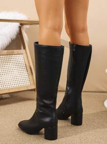 2025 秋冬女士优雅正式直筒拉链侧边粗跟及膝靴 - 黑色 - 查看 3