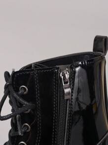 女士时尚百搭漆皮柔软舒适系带靴，适合春、秋、冬，米色、白色、蓝色、红色、黑色可选，女靴 - 黑色 - 查看 3