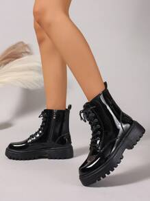 女士时尚百搭漆皮柔软舒适系带靴，适合春、秋、冬，米色、白色、蓝色、红色、黑色可选，女靴 - 黑色 - 查看 6