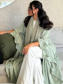 1 件女士休闲优雅时尚纯色刺绣长袍 Abaya Derss，舒适柔软亲肤面料，适合节日、日常聚会和穿着 - 淺綠色 - 查看 8