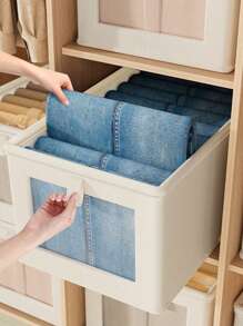 1/2pcs Uncovered/With Lid Fabric Clothes Storage Box, Foldable Wardrobe Visible Window Garment Storage Case, Household Drawer-Style Jeans Organizer - Beige Without Cover - View 5