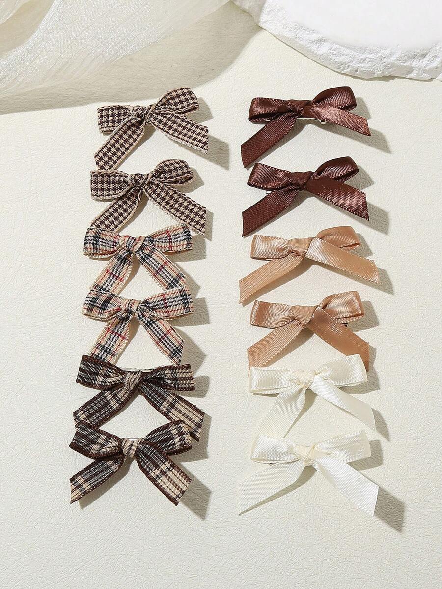 12pcs Girls Solid Color & Plaid Mini Bow Hair Clips, Y2K Style Side Clips Suitable For Short Hair & Braids, Kids Hair Accessories