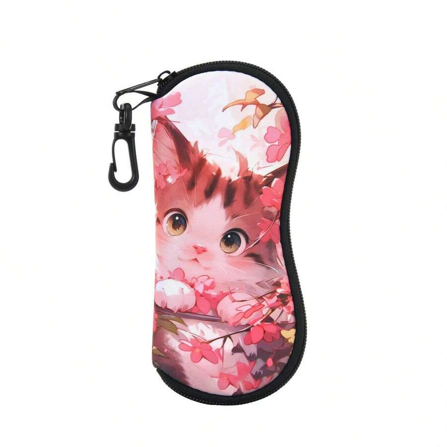 1 件可爱猫咪印花图案超轻便携氯丁橡胶眼镜袋柔软防护多功能设计眼镜袋适合学生办公和旅行 - 彩色 - 查看 1