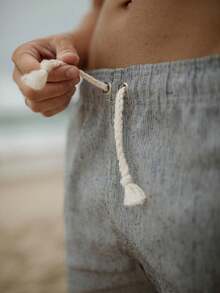 Men's Striped Linen Shorts Mauricinho With Comfortable Drawstring Premium Quality - Màu xanh hải quân - Xem 3