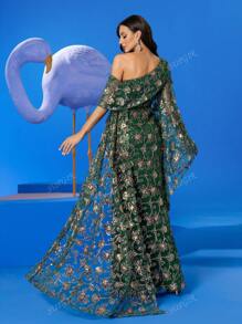 SUPGIR Heavy Beaded Floral Embroidered Asymmetrical Neck Bell Sleeve Ruffled Design Elegant Luxury Evening Gown Dress, Long Sleeve Formal Prom Dress, For Wedding Guest, Graduation, Dinner