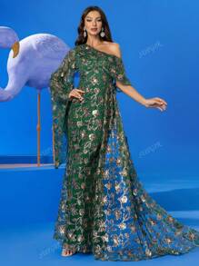SUPGIR Heavy Beaded Floral Embroidered Asymmetrical Neck Bell Sleeve Ruffled Design Elegant Luxury Evening Gown Dress, Long Sleeve Formal Prom Dress, For Wedding Guest, Graduation, Dinner