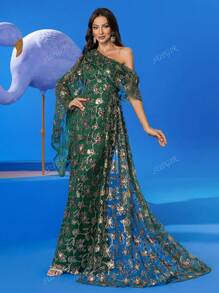 SUPGIR Heavy Beaded Floral Embroidered Asymmetrical Neck Bell Sleeve Ruffled Design Elegant Luxury Evening Gown Dress, Long Sleeve Formal Prom Dress, For Wedding Guest, Graduation, Dinner