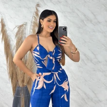 Pantaloons Set, Cropped Top With Tie At The Back, Long Jumpsuit Style, Casual Social, Pantaloons With Elastic At The Back, Cropped With Single-Breasted Cups - Quần jean hoa xanh - Xem 7