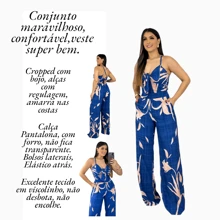 Pantaloons Set, Cropped Top With Tie At The Back, Long Jumpsuit Style, Casual Social, Pantaloons With Elastic At The Back, Cropped With Single-Breasted Cups - Quần jean hoa xanh - Xem 2
