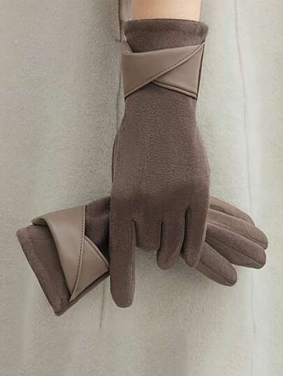 1 Double Women's Elegant Touch Screen Gloves, Warm In Winter, Thermal Lined , Elastic, Solid Color, Bow Design, Breathable Weave, Suitable For Leisure Outing, Cycling, Driving