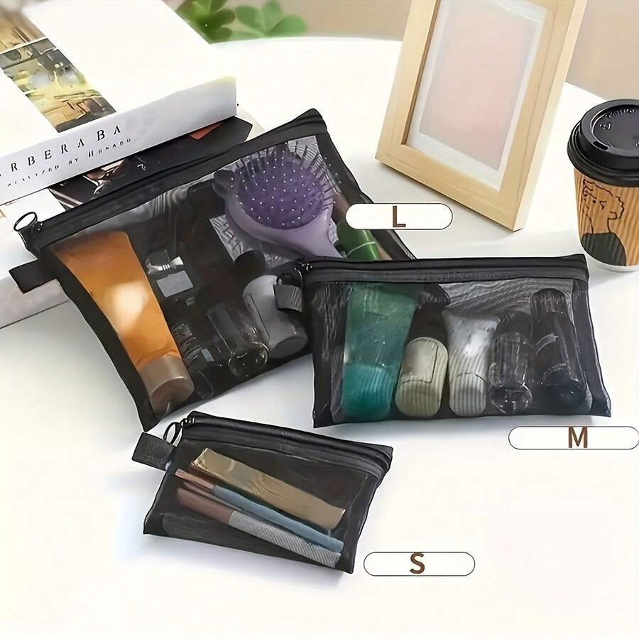 3pcs Portable Multi-Size Mesh Pouches, Smooth Touch Toiletry Bags, See-Through Cosmetic Bags, Suitable For Travel & Camping, 3 Different Sizes Available, Essential For Daily Use