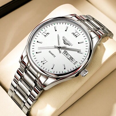 GUANQIN 1 Stück GUANQIN wasserdichte Leuchtende Uhr mit Doppelkalender Zifferblatt, kratzfestes Edelstahlarmband, Mode Business Luxus Klassisch Einfach Lässig Mechanischer Stil Herren Automatik Quarzuhr, geeignet für Feste, Dates, Business, Geschenke