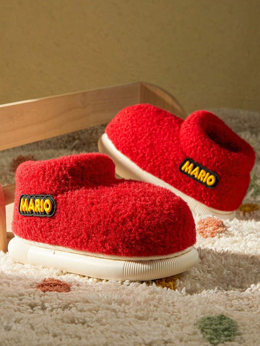 1 par de pantuflas para niños, nuevo estilo de invierno, zapatos interiores para niñas con suela blanda, antideslizante y forro térmico, color rojo