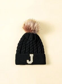 1 件儿童字母设计冬季毛绒球帽 - 黑色 - 查看 18