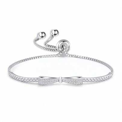 Sterling Silver Women's Exquisite Micro-Paved Zirconia Bow Bracelet For Women, Simple And Versatile Pull-Out Bracelet