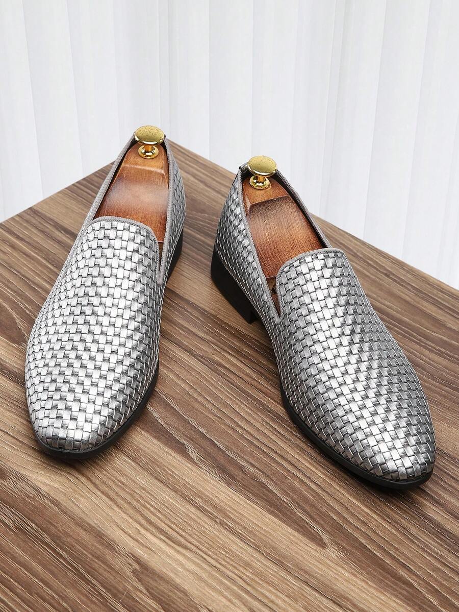 男士一脚蹬皮革乐福鞋，欧洲和英国风格休闲编织船鞋 - 銀色 - 查看 1