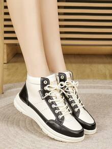 新款秋冬女士高帮休闲鞋，厚底轻便舒适防滑踝靴，时尚系带软底中帮运动鞋 - 黑色 - 查看 8