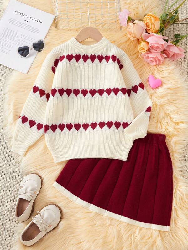 Conjunto de 2 piezas de top y falda de punto con forma de corazón para niña, atuendo de Año Nuevo, otoño/invierno