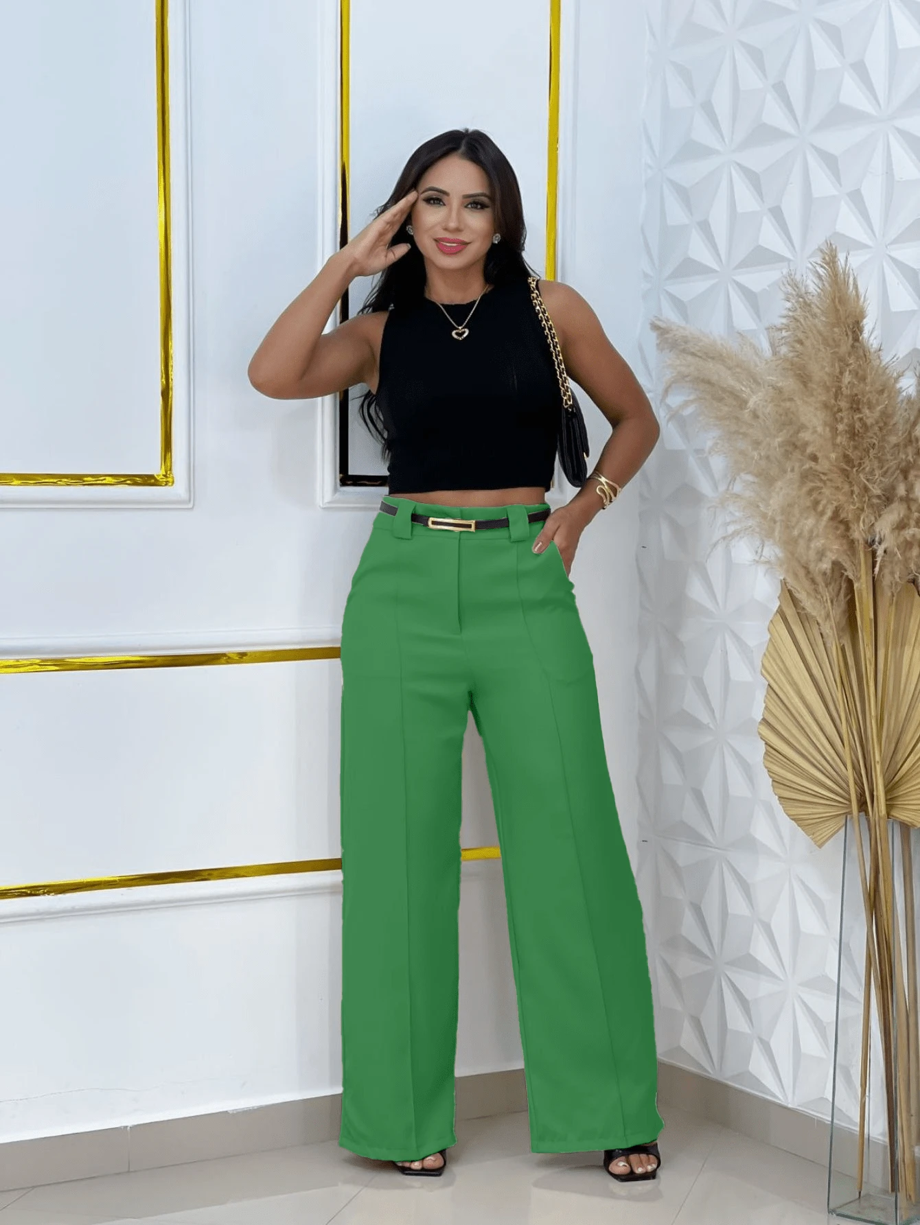 Wide Leg Tailored Dress Pants With Thin Belt - Green Flag - View 1