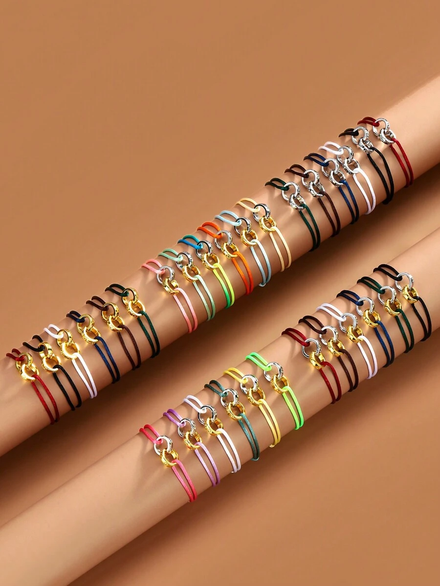 6pcs/Set Colorful Cord & Copper Ring Decor Bracelet, Cute Linked Rings, Casual Style For Women - Multicolor - View 1