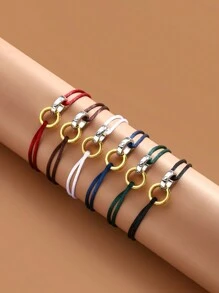 6pcs/Set Colorful Cord & Copper Ring Decor Bracelet, Cute Linked Rings, Casual Style For Women - Multicolor - View 2