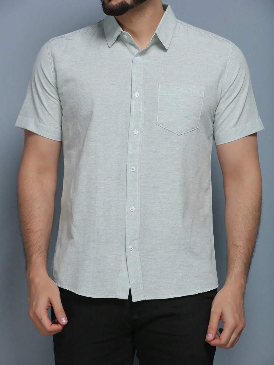 Men's Short Sleeve Dress Shirt With Print And Pocket In Cotton 61, Polyester 39 - Fresh Shirt - Comfortable - Màu xanh Bạc hà - Xem 1