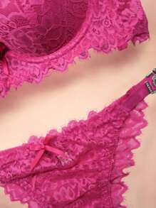Beautiful B Cup Bra With Thong Coordinate, Floral Design And Lace Details, Adjustable Straps, LOVE Phrase, Various Colors, Premium Quality. - 粉色 - 查看 4