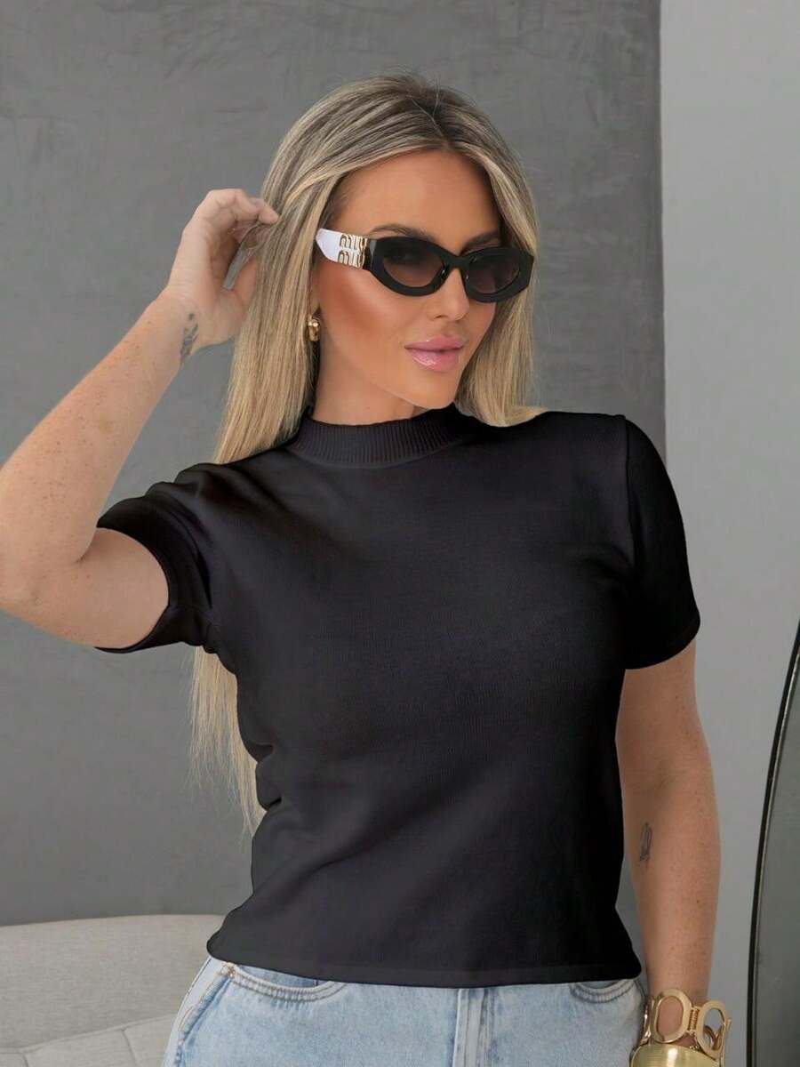 Women's Basic Short Sleeve Modal Knit Blouse - màu đen - Xem 1
