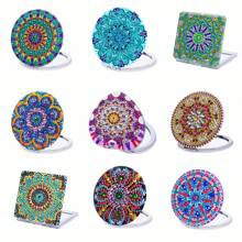 1个DIY曼陀罗钻石画化妆镜盒，9种款式，2.83英寸/7.2厘米，PU皮革外壳，双面可用，便携可折叠，水晶钻石画口袋镜，花卉主题，不对称设计，艺术工艺工具，女士钻石画化妆镜套装 - 彩色 - 查看 13