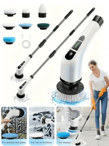1 Wireless Electric Rotary Cleaner - USB Charging, 7 Replaceable Brush Heads, Dual Speed, Detachable Telescopic Handle, Battery Level Indicator, Suitable For Kitchen/Living Room/Bathroom Cleaning, Lithium Battery Power Supply, Seven In One Household Cleaning Product