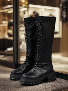 Women's Back Zipper Lace-Up Thick Sole Knee-High Boots, High-End Leather Vacation Boots For Autumn/Winter - Black - View 8