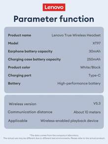 Lenovo XT97-SG 蓝牙耳机，高清环绕立体声，彩色灯光，音乐和游戏，电池寿命长，延迟低，灵敏麦克风，被动降噪，半入耳式无线耳塞 - 白色 - 查看 8