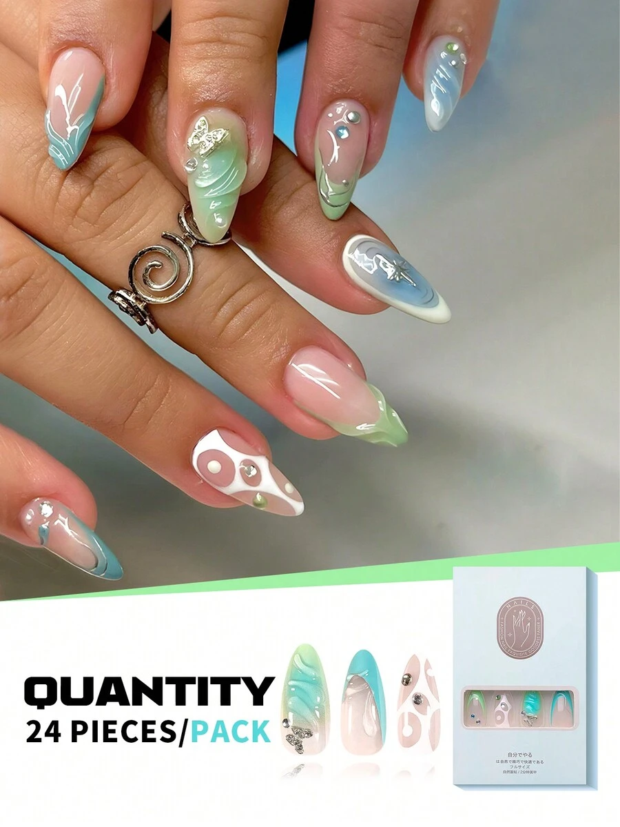 Trở nên quyến rũ Bộ 24 móng tay hình quả hạnh nhân dài vừa phải Trang trí ngôi sao bạc 3D Móng tay giả ba chiều Keo dán bằng tay Nghệ thuật làm móng Thiết kế sọc sóng bạc Móng tay giả ấn vào Nghệ thuật làm móng màu xanh lam nhòe chuyển màu Nghệ thuật làm móng Miễn phí Một miếng keo dán Một lần chà móng Bộ móng tay giả che phủ toàn bộ Thích hợp cho các quý cô và các cô gái Hàng ngày/Mua sắm/Trà chiều/Tiệc tùng và các cảnh khác - Nhiều màu - Xem 1