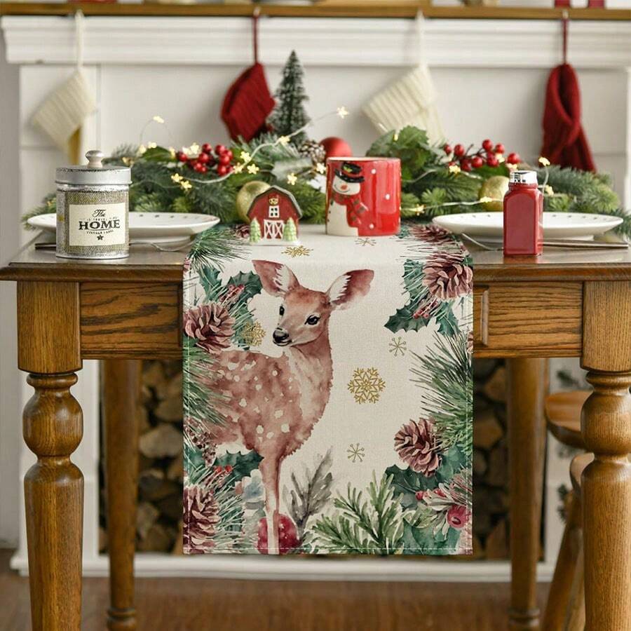 Camino de mesa navideño con renos y piñas, decoración floral de invierno para la cocina y el comedor, adecuado para reuniones familiares - Verde - Ver 1
