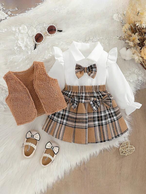 3pcs/Set Baby Girl Plush Vest, Solid Color Collared Blouse And Skirt Set, Suitable For Outings, Spring/Autumn
