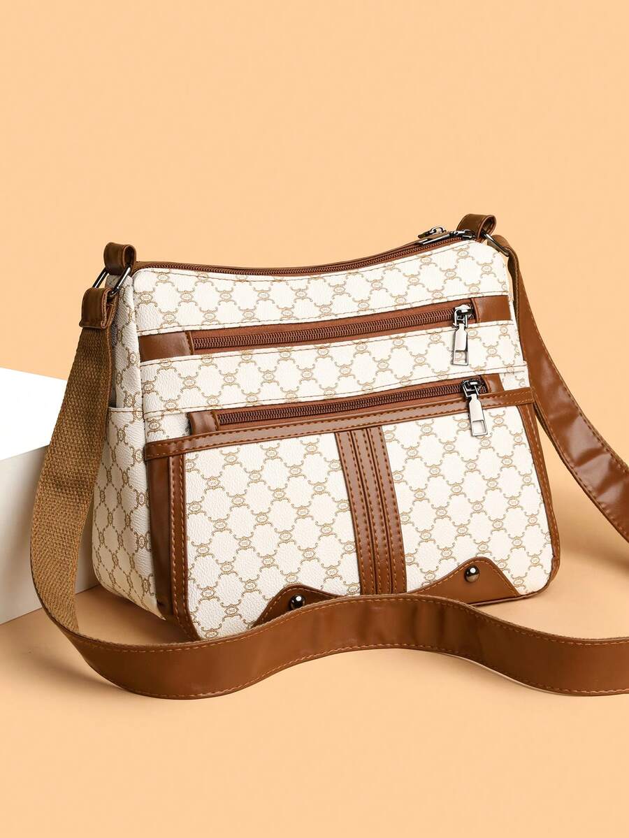 Túi đeo chéo da mềm họa tiết hình học cho nữ, túi đeo vai cho người trung niên, thiết kế mới cho mùa xuân/thu