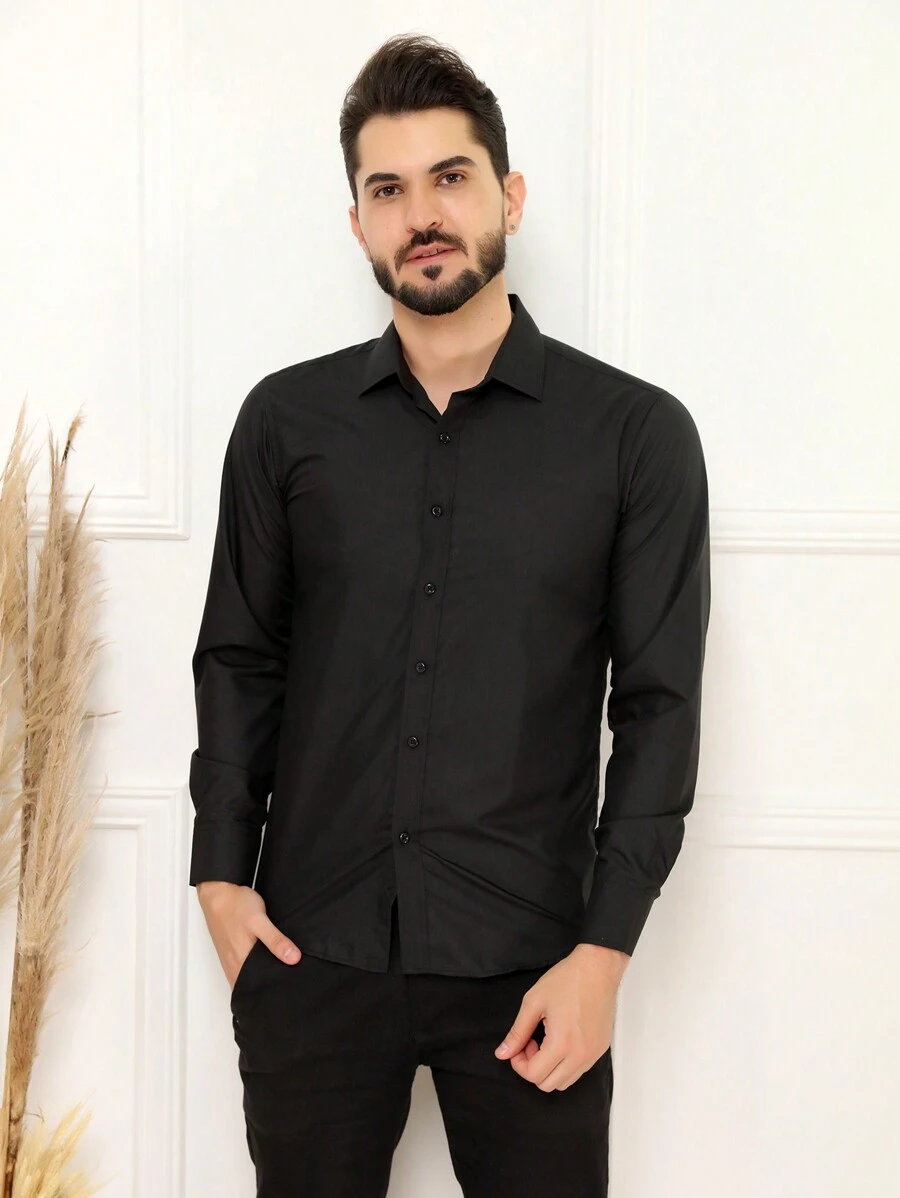 Microlight Long Sleeve Slim Fit Dress Shirt, Wrinkle Free, Ironed, Factory Ironed - 黑色 - 查看 1