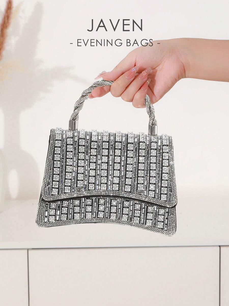 Túi xách cầm tay thời trang sang trọng, màu trơn bóng, thiết kế dạng hốc có nắp từ tính, trang trí bằng đá Rhinestone, thích hợp cho đám cưới, tiệc tùng, sự kiện - màu đen - Xem 1