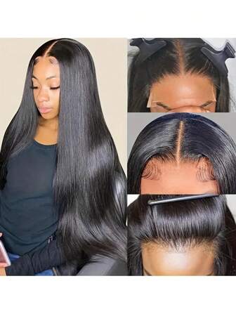 36 英寸折扣 180 密度透明蕾丝 13x4 蕾丝前假发 人发黑色假发 人发直发 人发预拔发际线 女士婴儿假发 人发蕾丝假发（鲍勃假发 6-16 英寸）