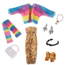 Bộ 10 món phù hợp với búp bê 30cm Phụ kiện bao gồm áo choàng + áo khoác nhung + váy dài + 1 đôi bông tai + 1 đôi giày + vòng cổ + túi (Không bao gồm búp bê) - Nhiều màu - Xem 5