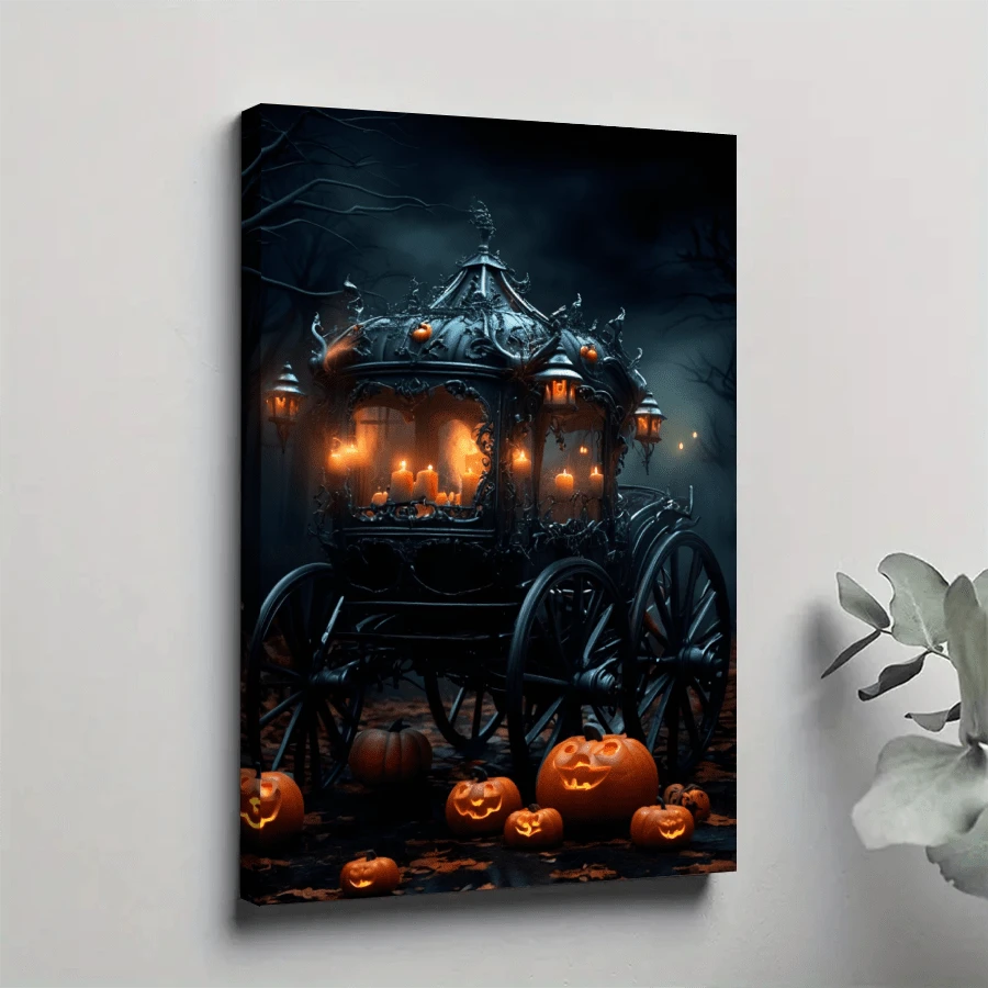 1pc Ghost Car Halloween Wooden Canvas Wall Art, Canvas Poster Print Wall Art For Bedroom, Living Room And Hallway, Ideal Gift For Home Decor And Room Decoration - 彩色 - 查看 1