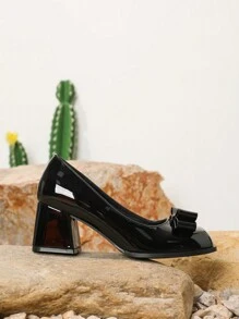 时尚粗跟高跟鞋女款 2024 春秋新款舒适方头蝴蝶结高跟鞋，黑色办公室工作鞋 - 黑色 - 查看 4