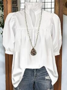 Unity Women Ruched Detail Cute V-Neck Solid Casual Mid-Sleeve Shirt, Suitable For Spring & Summer, White - White - View 1