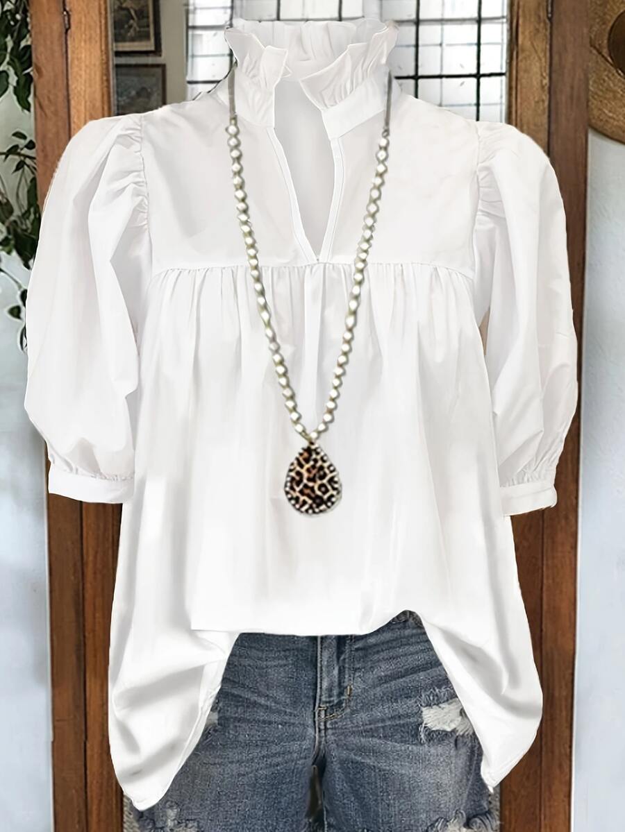 Unity Women Ruched Detail Cute V-Neck Solid Casual Mid-Sleeve Shirt, Suitable For Spring & Summer, White - White - View 1