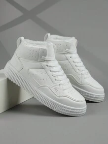 大码冬季男士休闲运动鞋，系带软底平底舒适男士运动鞋，轻便加绒保暖高帮日常鞋 - 白色 - 查看 2