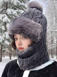 1pc Women Knitted Warm Hat Scarf Set, Thermal Lined Ski Mask Ear Muff, Windproof Cycling Skiing Outdoor Winter Headwear For Daily Use