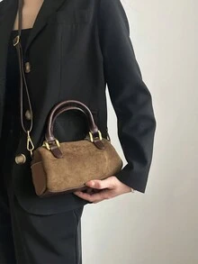 Sac à bandoulière/porté travers en velours rétro, sac boston en forme d'oreiller pour femmes, nouveau style coréen pour l'automne/hiver - Tabac - Voir 4